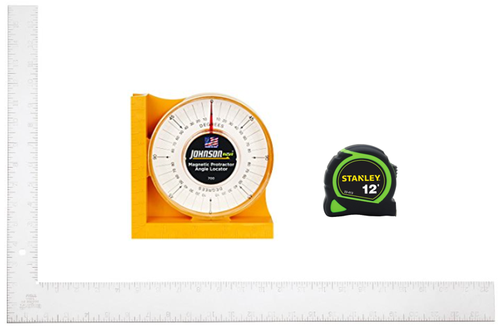 validation kit with calibrated tape measure, calibrated square and a johnson angle finder.